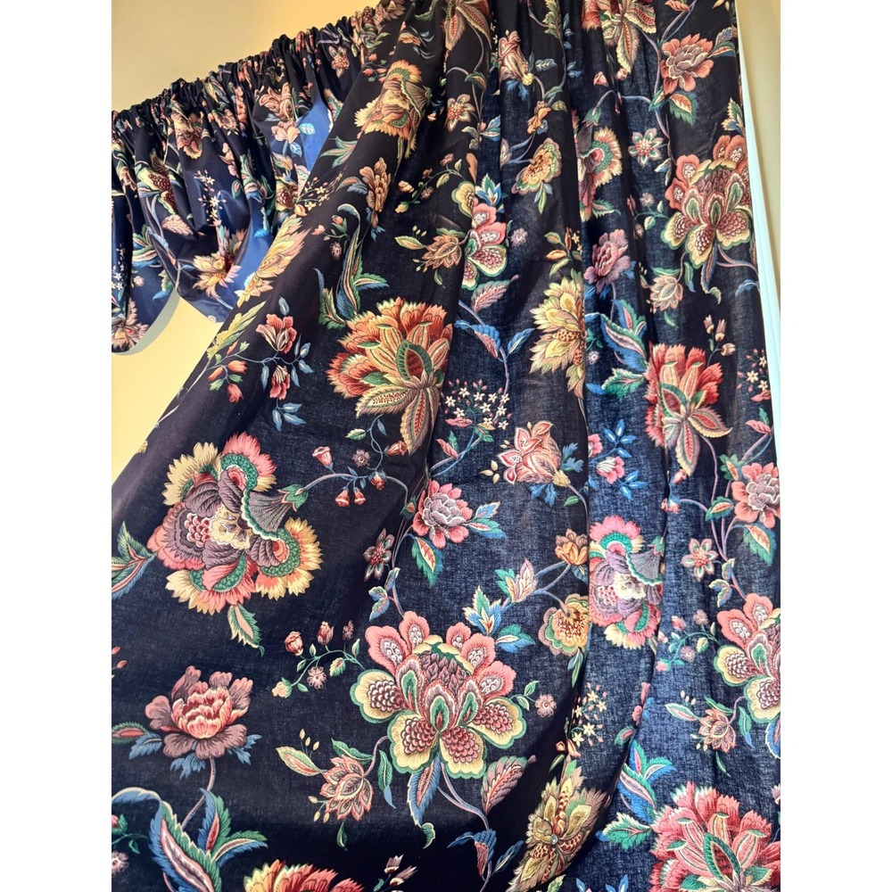 Vintage Navy Blue Floral Chintz 9 Piece‎ Curtain & Balloon Valance Set Lined 80s - Picture 11 of 12